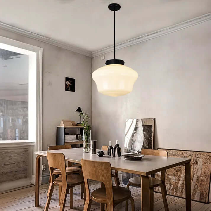 Wisząca lampa geometryczna z mlecznego białego szkła w stylu vintage