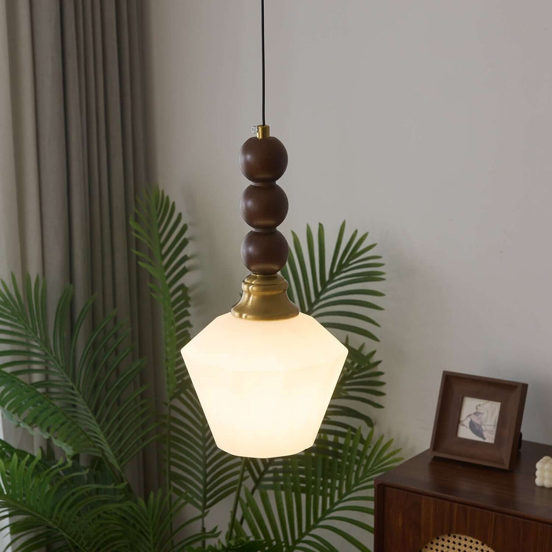 Elegancka szklana, drewniana i metalowa lampa wisząca