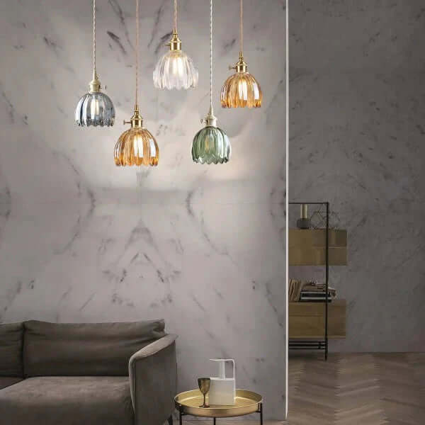 Japońska Retro Szklana Lampa Wisząca z Motywem Kwiatowym