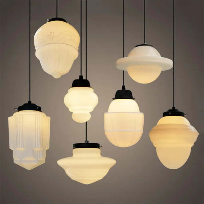 Wisząca lampa geometryczna z mlecznego białego szkła w stylu vintage
