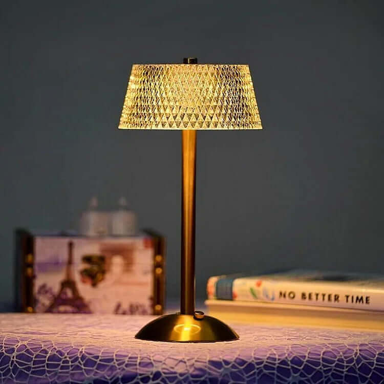 Bezprzewodowa lampa stołowa z metalu i kryształu
