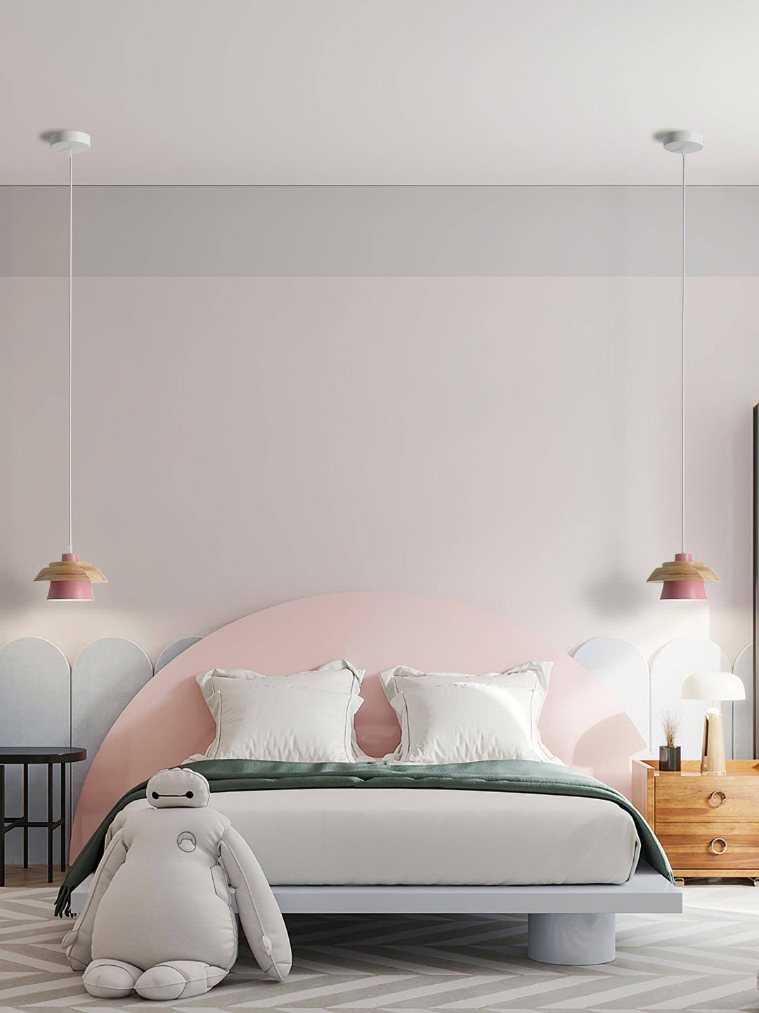 Lampa wisząca z drewna i kamienia, widok od dołu