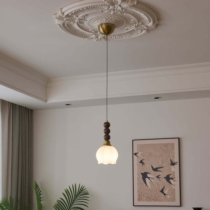 Elegancka szklana, drewniana i metalowa lampa wisząca