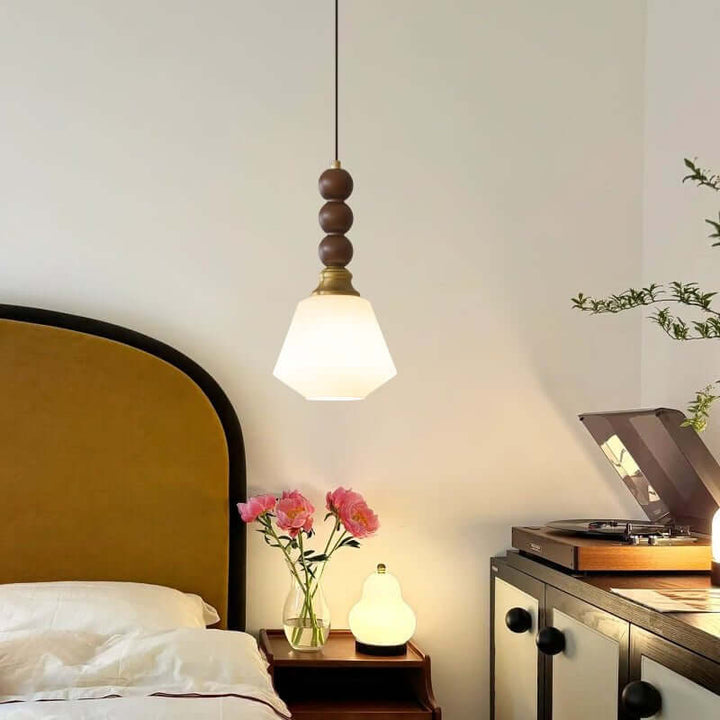 Elegancka szklana, drewniana i metalowa lampa wisząca