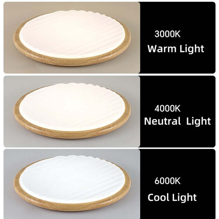 Okrągła lampa sufitowa LED z drewna włączona