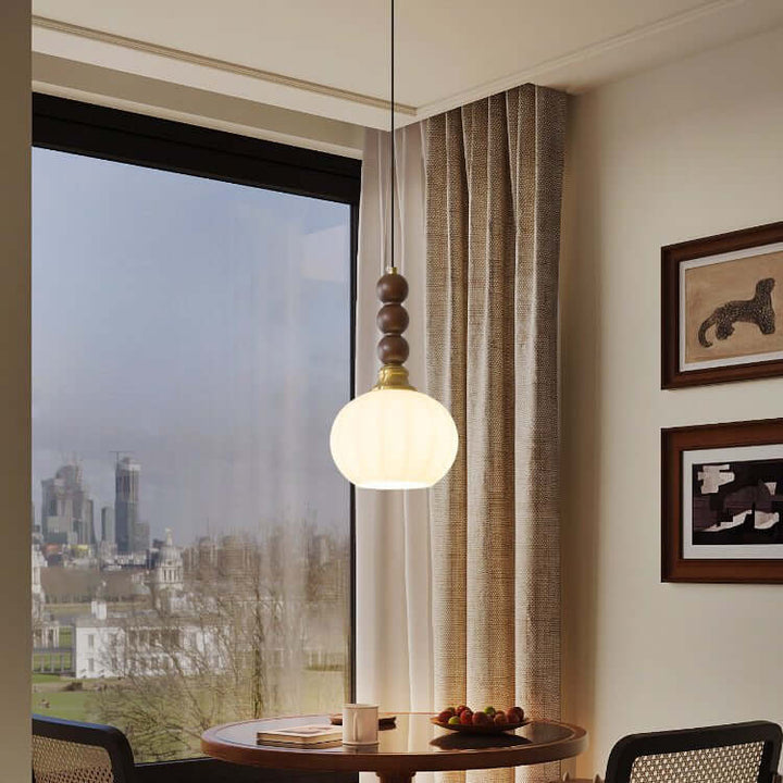 Elegancka szklana, drewniana i metalowa lampa wisząca