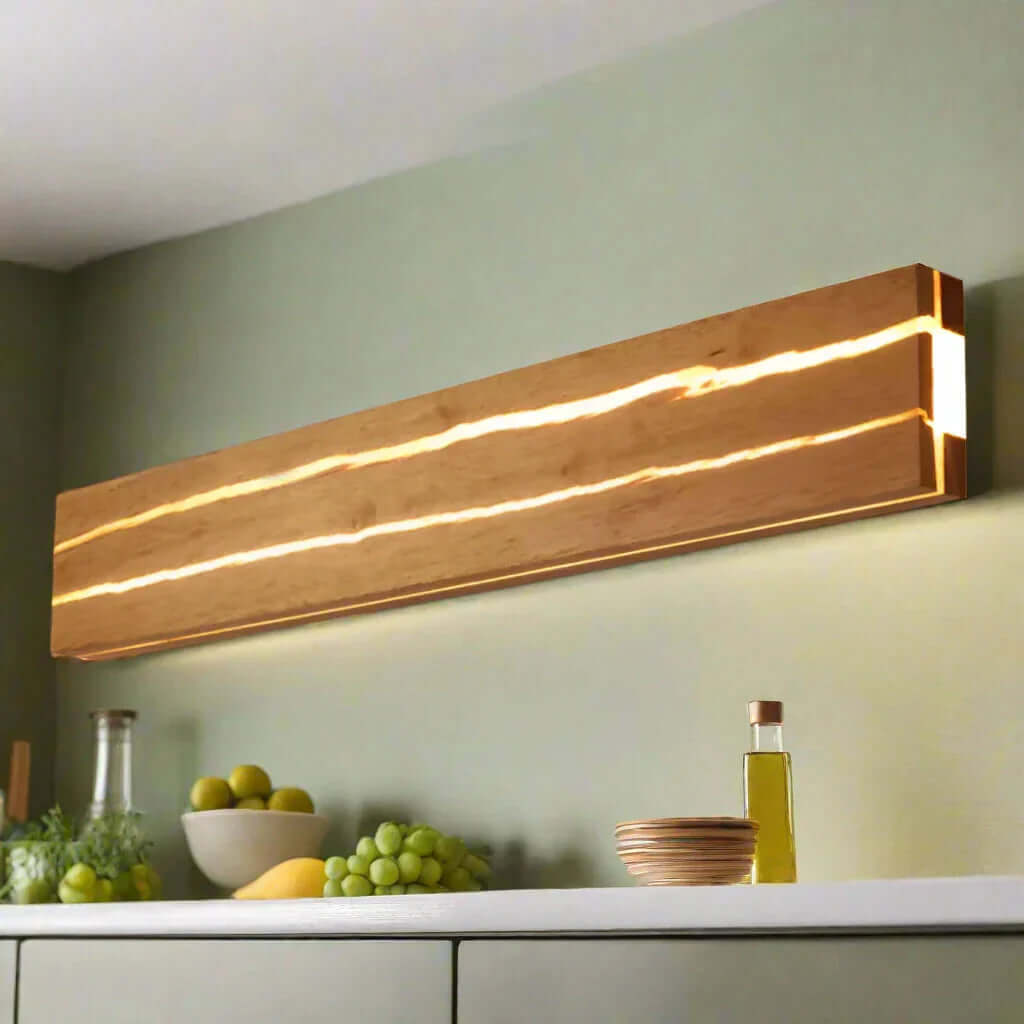 Nowoczesna drewniana lampa ścienna, eleganckie oświetlenie domu