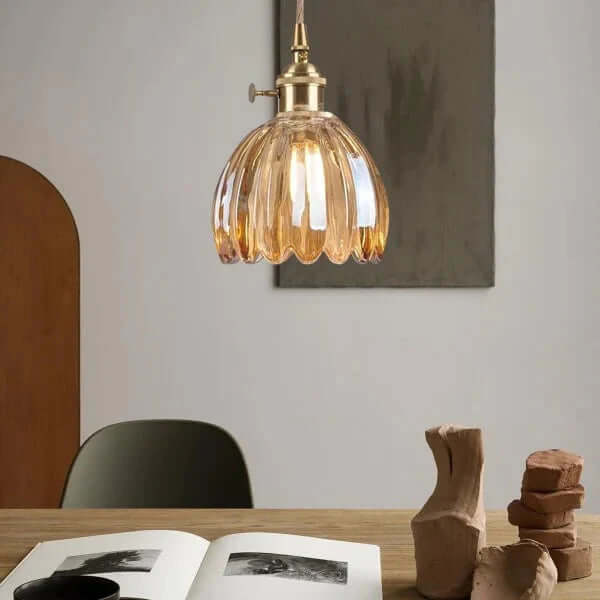 Japońska Retro Szklana Lampa Wisząca z Motywem Kwiatowym