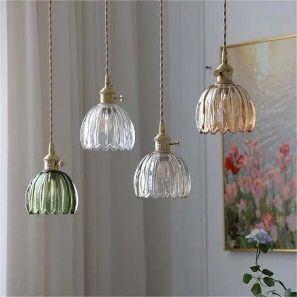 Japońska Retro Szklana Lampa Wisząca z Motywem Kwiatowym