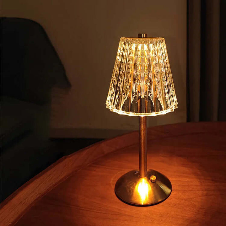 Bezprzewodowa lampa stołowa z metalu i kryształu