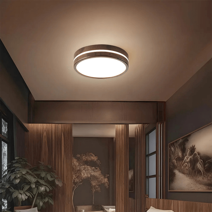 Okrągła Lampa Sufitowa Drewniana - Minimalistyczne Oświetlenie LED