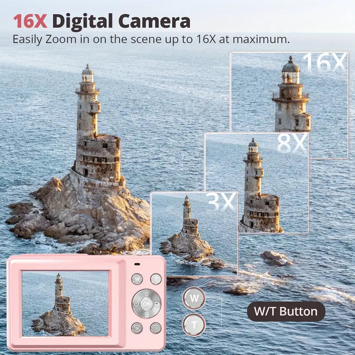 Kompaktowy aparat cyfrowy retro do nagrywania filmów 1080p, łączący klasyczny design z nowoczesną technologią.