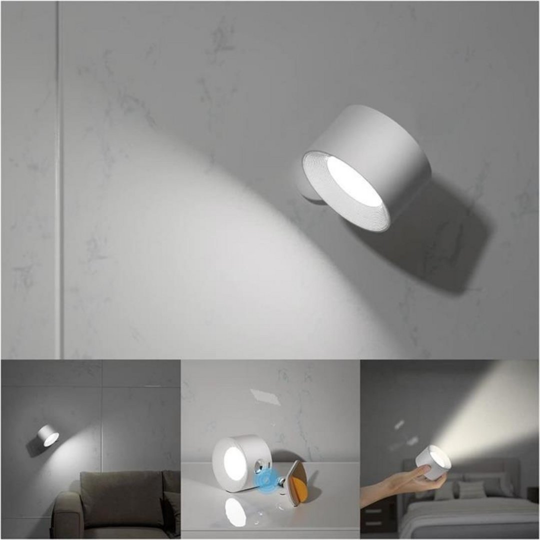 Bezprzewodowy kinkiet LED 360° w kolorze drewna, czarnym lub białym, jednolite oświetlenie, ładowalny, do wnętrz i na zewnątrz.