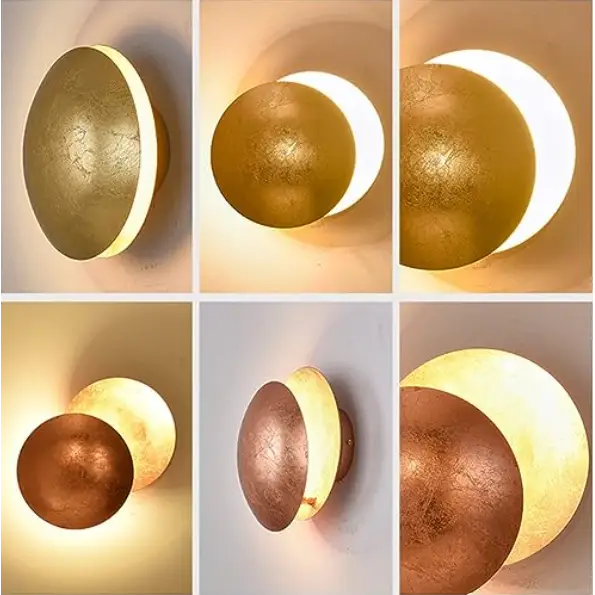 Nowoczesna lampa ścienna LED, skandynawski design zaćmienia, miedziana konstrukcja, złote mosiężne wykończenie, miękkie światło.