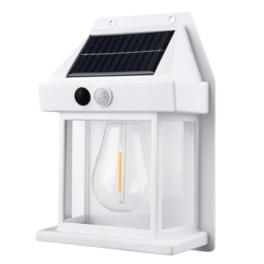 Biały solarny kinkiet z czujnikiem ruchu, wodoodporny, energooszczędny, 400 lumenów do oświetlenia zewnętrznego.