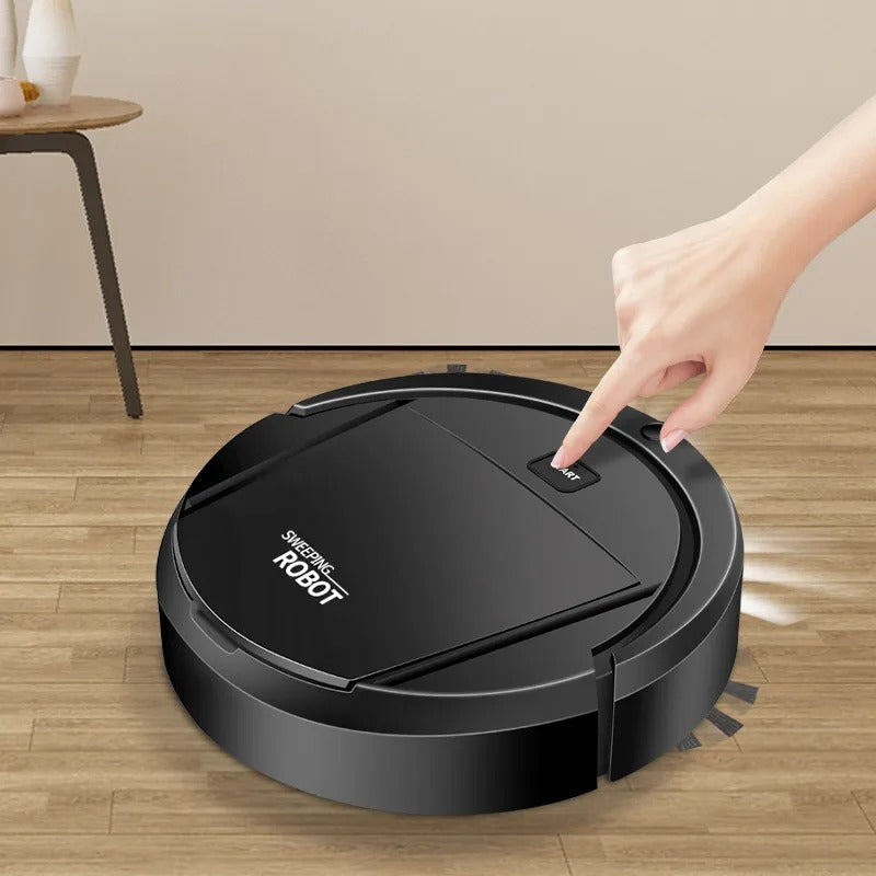 Inteligentny biały robot odkurzający, kompaktowy, okrągły; smukły design; autonomiczne czyszczenie i maksymalne pokrycie czyszczonej powierzchni.