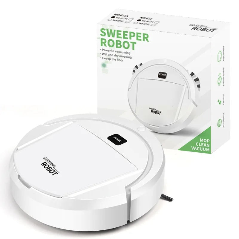 Inteligentny biały robot odkurzający, kompaktowy, okrągły; smukły design; autonomiczne czyszczenie i maksymalne pokrycie czyszczonej powierzchni.