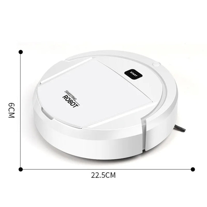 Inteligentny biały robot odkurzający, kompaktowy, okrągły; smukły design; autonomiczne czyszczenie i maksymalne pokrycie czyszczonej powierzchni.