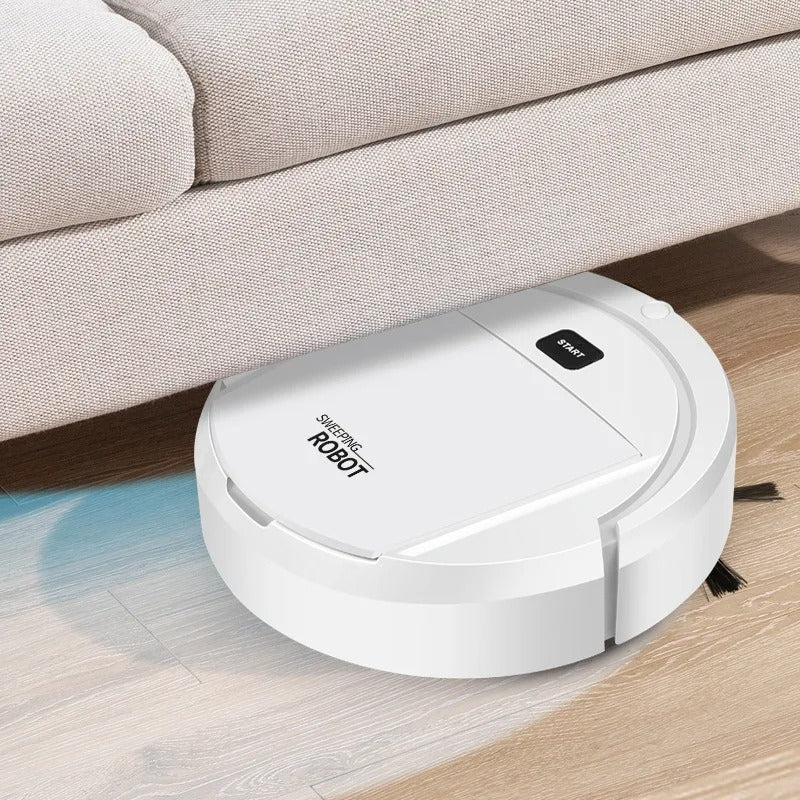 Inteligentny biały robot odkurzający, kompaktowy, okrągły; smukły design; autonomiczne czyszczenie i maksymalne pokrycie czyszczonej powierzchni.