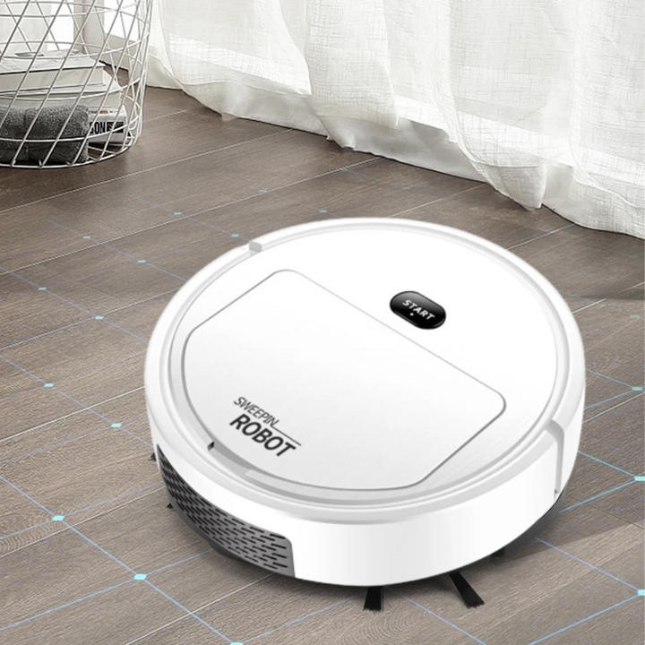 Inteligentny biały robot odkurzający, kompaktowy, okrągły; smukły design; autonomiczne czyszczenie i maksymalne pokrycie czyszczonej powierzchni.