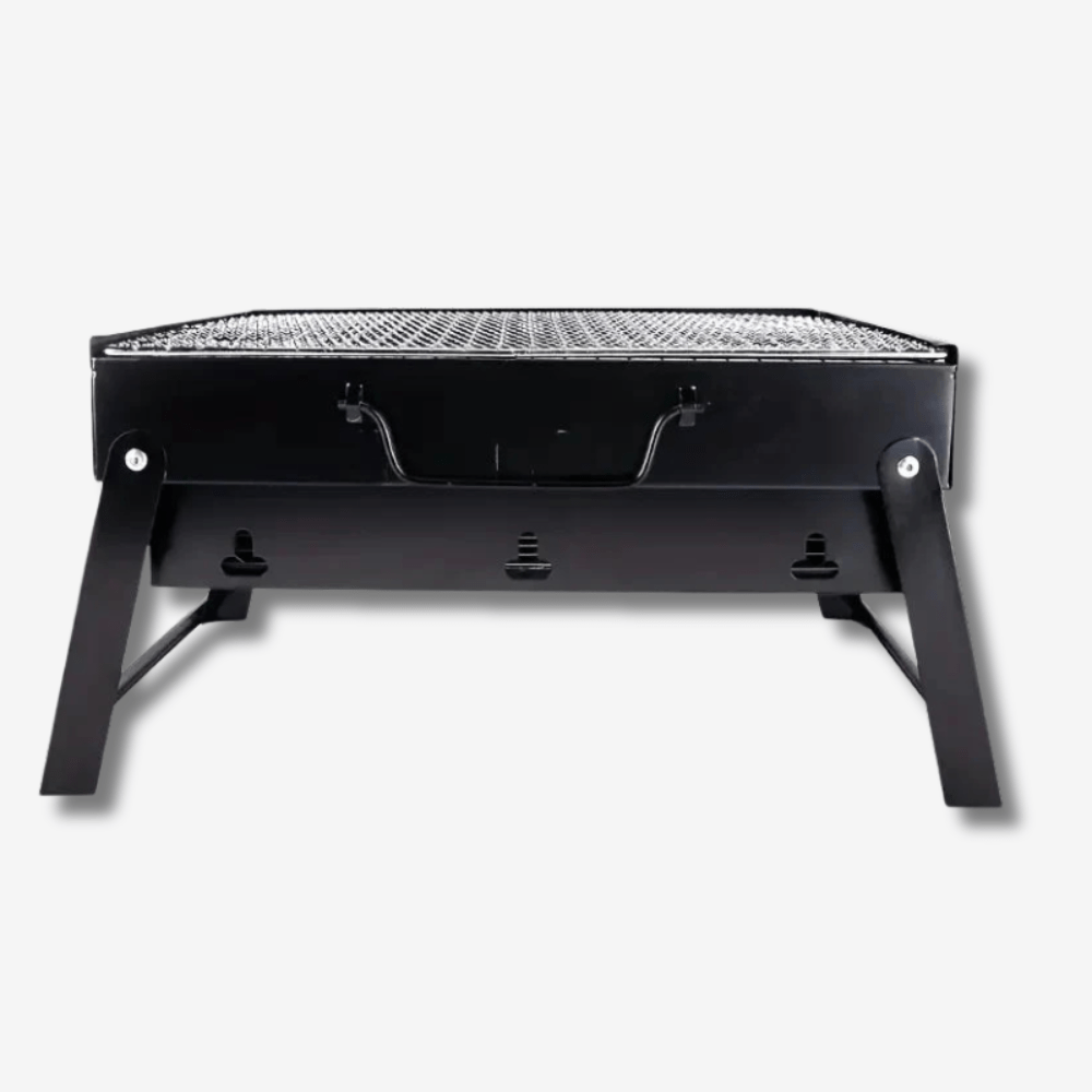 Lekki i kompaktowy składany metalowy grill stołowy, idealny na kemping, z solidną metalową konstrukcją i stalowym rusztem.