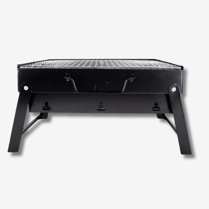 Lekki i kompaktowy składany metalowy grill stołowy, idealny na kemping, z solidną metalową konstrukcją i stalowym rusztem.