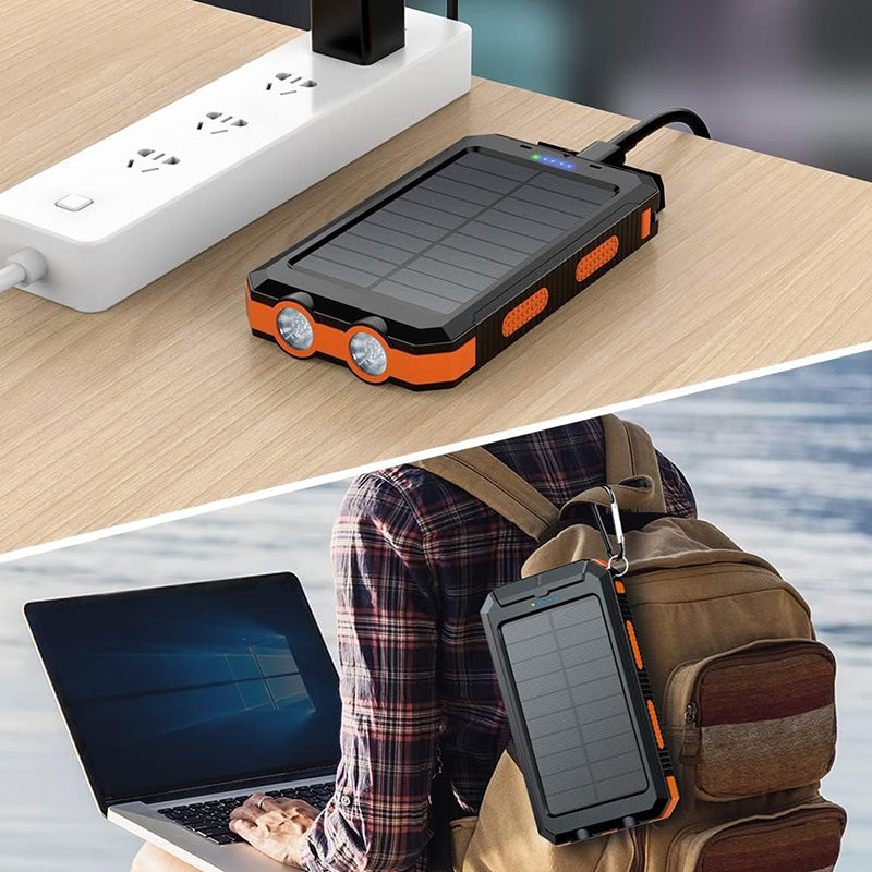 Powerbank solarny z szybkim ładowaniem, wodoodporny, kompaktowy design z panelami słonecznymi, idealny do aktywności na świeżym powietrzu.