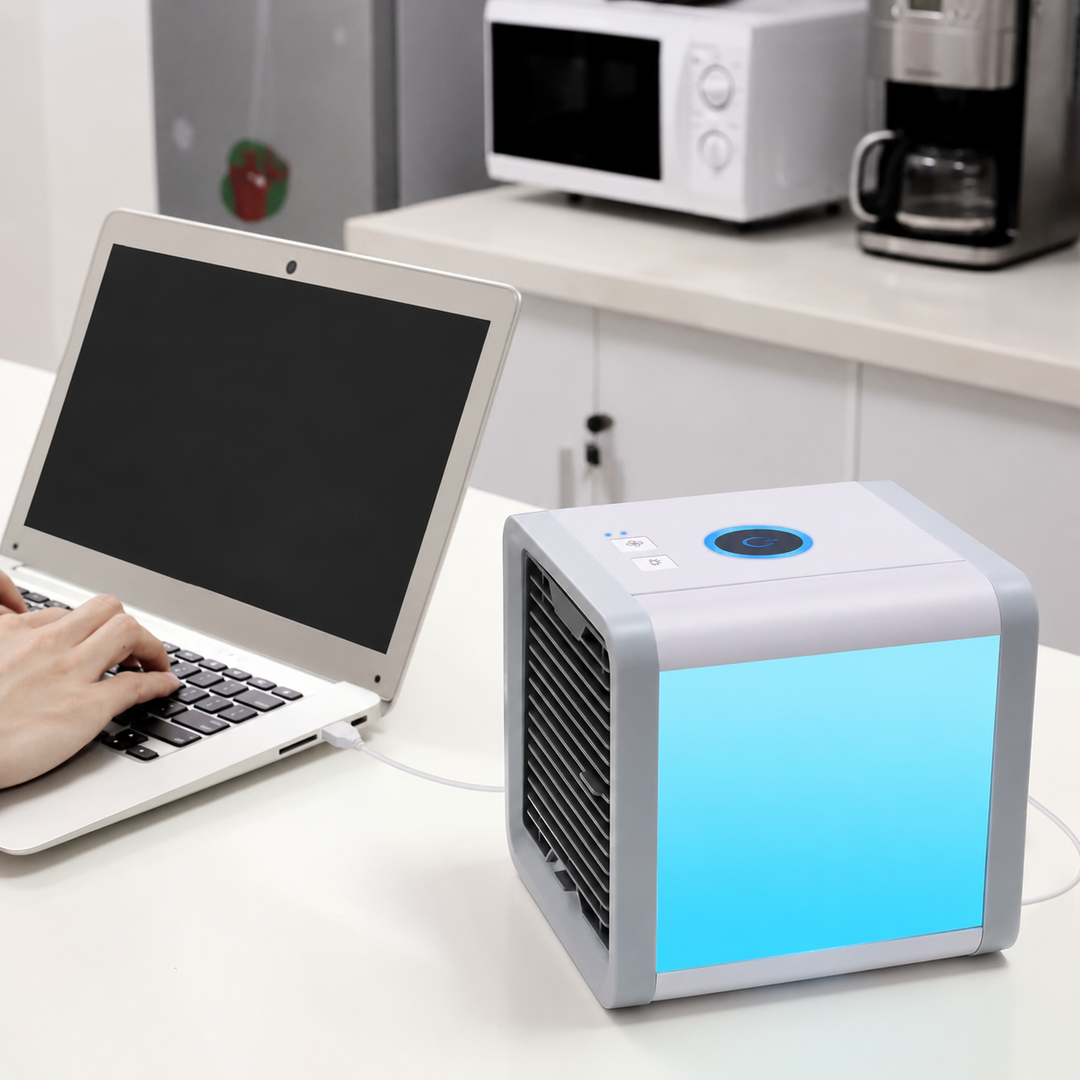 Kompaktowa chłodnica USB 3w1 z funkcją nawilżania, wentylacji i nastrojowym oświetleniem LED.