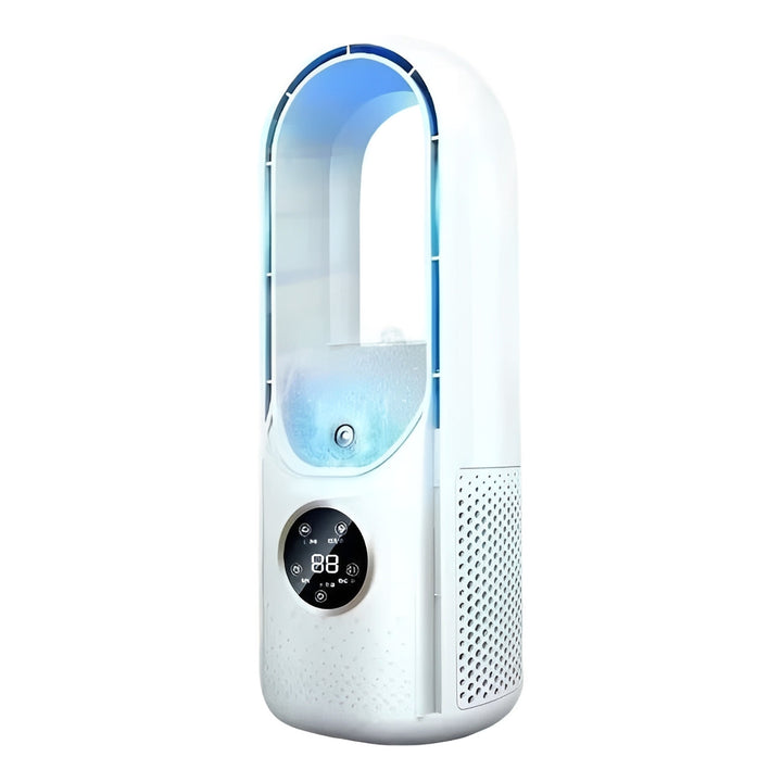 Elegancka chłodnica powietrza USB w kolorze białym, z bezłopatkową konstrukcją i 6 trybami nawiewu.