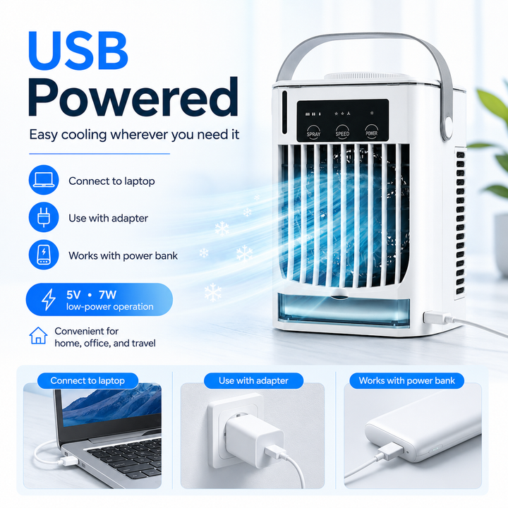 Uniwersalny mini klimatyzator USB, biały, do efektywnego chłodzenia w każdym pomieszczeniu.
