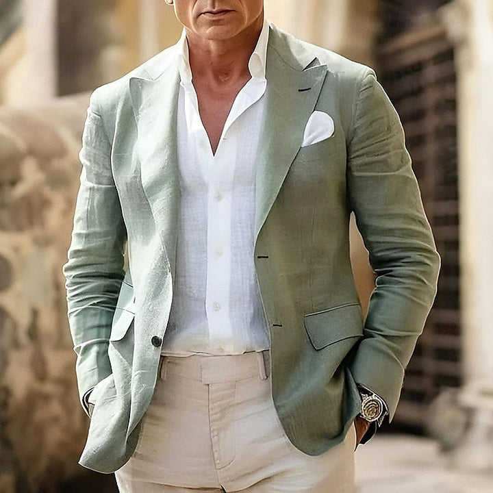 Męski elegancki blazer w nowoczesnym stylu, dopasowany krój, lekka tkanina, idealny do stylizacji biznesowej i casualowej, gwarantowany komfort.