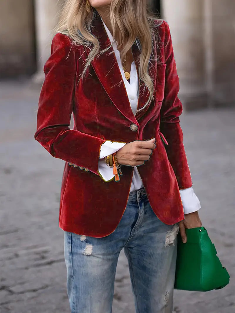 Elegancki aksamitny blazer damski, dopasowany krój i miękka tkanina, prezentowany na modelce, idealny do wyrafinowanych stylizacji.