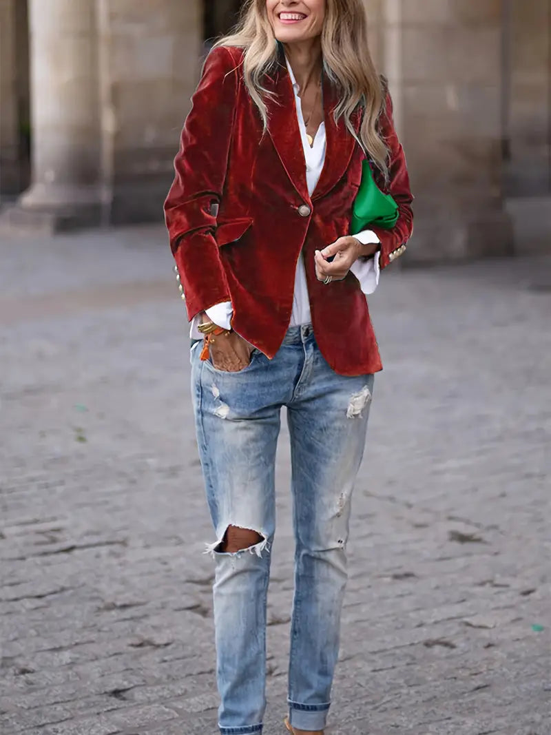 Elegancki aksamitny blazer damski, dopasowany krój i miękka tkanina, prezentowany na modelce, idealny do wyrafinowanych stylizacji.