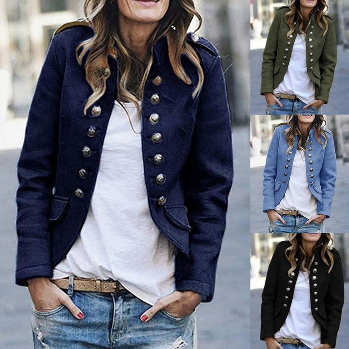 Stylowy damski blazer z elegancką stójką, dopasowanym krojem, szykowny i nowoczesny, idealny na modny i wyrafinowany wygląd.
