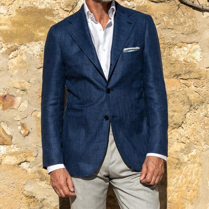 Męski blazer slim fit, oddychający materiał, 2 guziki, elegancki, na profesjonalny i wyrafinowany wygląd.