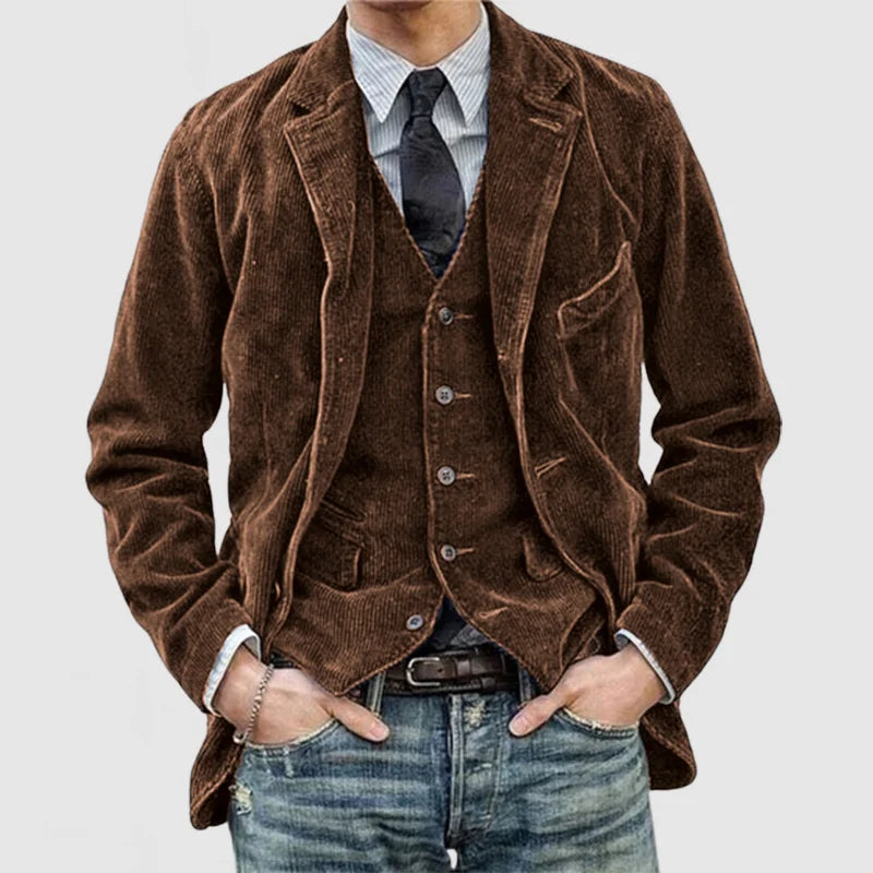 Elegancka damska marynarka vintage w kolorze granatowym, z dopasowanym krojem i długim rękawem, idealna na ponadczasowy i wszechstronny look.
