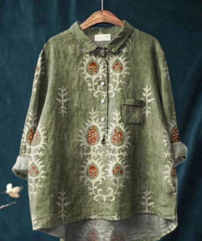 Jedwabna bluzka z kwiatowym wzorem, długimi rękawami, dekoltem w serek, elegancka i wygodna, na każdą okazję.