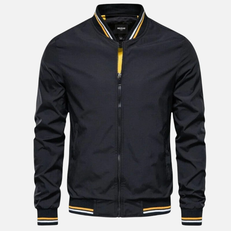 Męska kurtka bomberka, elegancki design, dwukolorowe wykończenia, widok z przodu, nowoczesny styl i komfort na każdą porę roku.