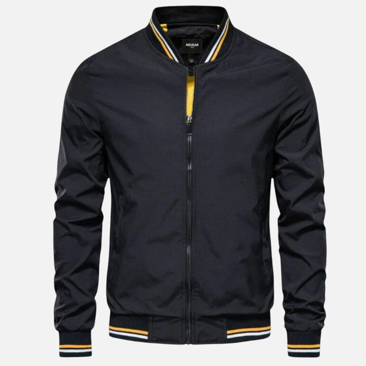 Męska kurtka bomberka, elegancki design, dwukolorowe wykończenia, widok z przodu, nowoczesny styl i komfort na każdą porę roku.