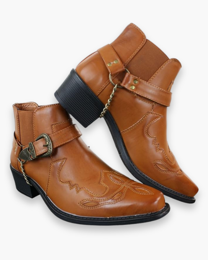 Eleganckie i autentyczne męskie buty kowbojskie z ozdobnymi wzorami, wykonane z brązowej i czarnej skóry, w wyrafinowanym stylu westernowym.
