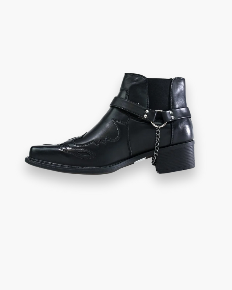 Eleganckie i autentyczne męskie buty kowbojskie z ozdobnymi wzorami, wykonane z brązowej i czarnej skóry, w wyrafinowanym stylu westernowym.