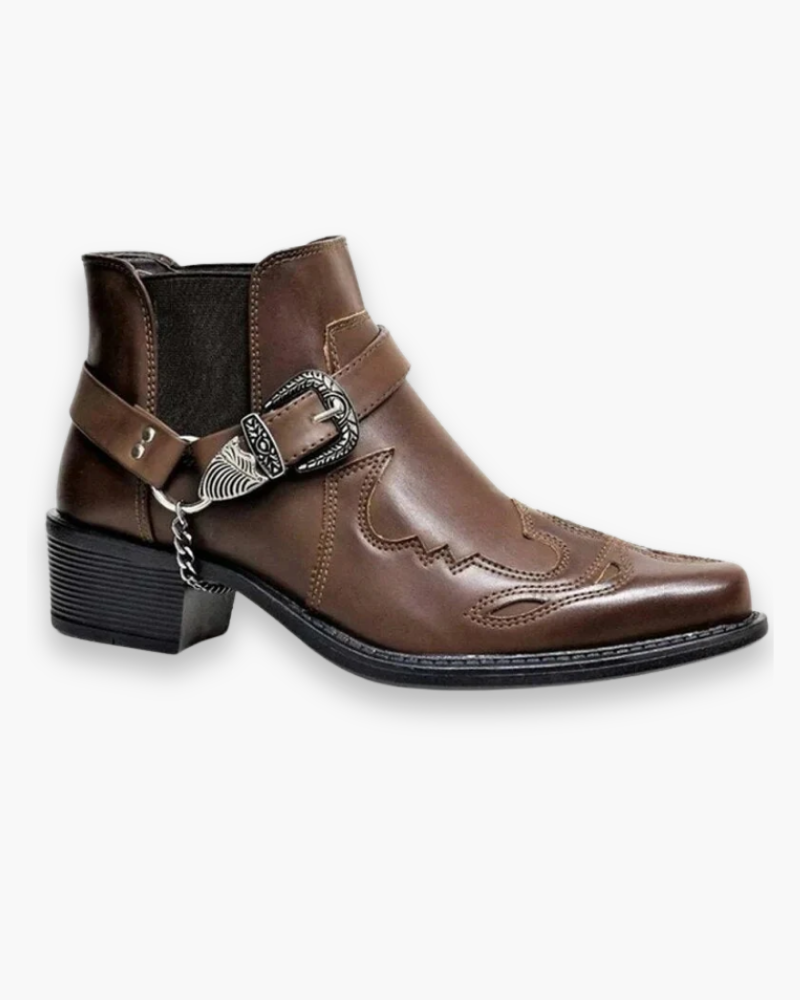 Eleganckie i autentyczne męskie buty kowbojskie z ozdobnymi wzorami, wykonane z brązowej i czarnej skóry, w wyrafinowanym stylu westernowym.