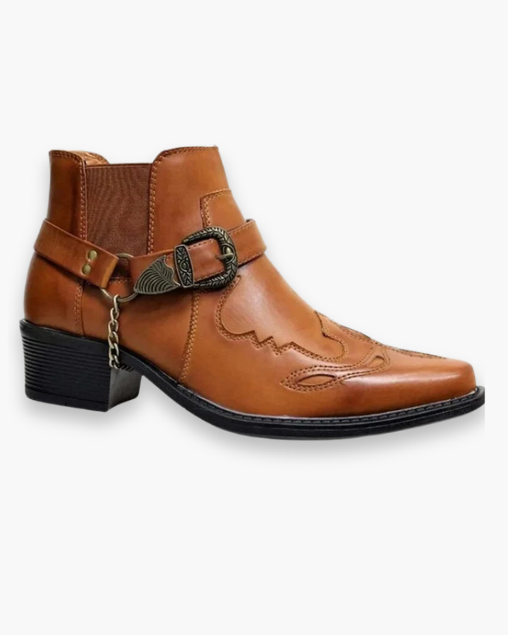 Eleganckie i autentyczne męskie buty kowbojskie z ozdobnymi wzorami, wykonane z brązowej i czarnej skóry, w wyrafinowanym stylu westernowym.