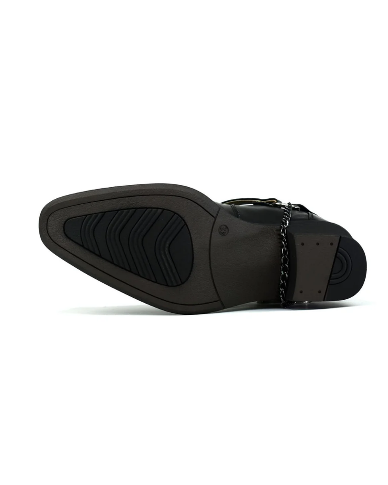 Eleganckie i autentyczne męskie buty kowbojskie z ozdobnymi wzorami, wykonane z brązowej i czarnej skóry, w wyrafinowanym stylu westernowym.