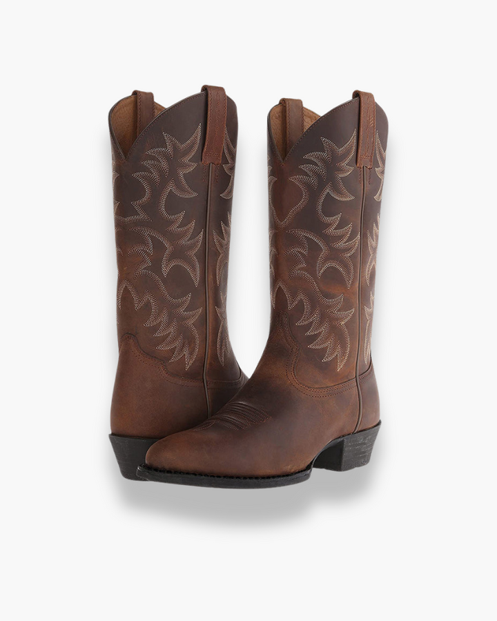 Kowbojki damskie western eleganckie, skórzane brązowe, staranne szwy, ponadczasowy styl, wyhoda premium