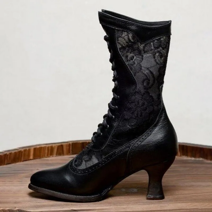 Damskie botki vintage, wysoki obcas, spiczasty nosek, eleganckie sznurowanie, skóra syntetyczna, szyk i komfort na zimę.