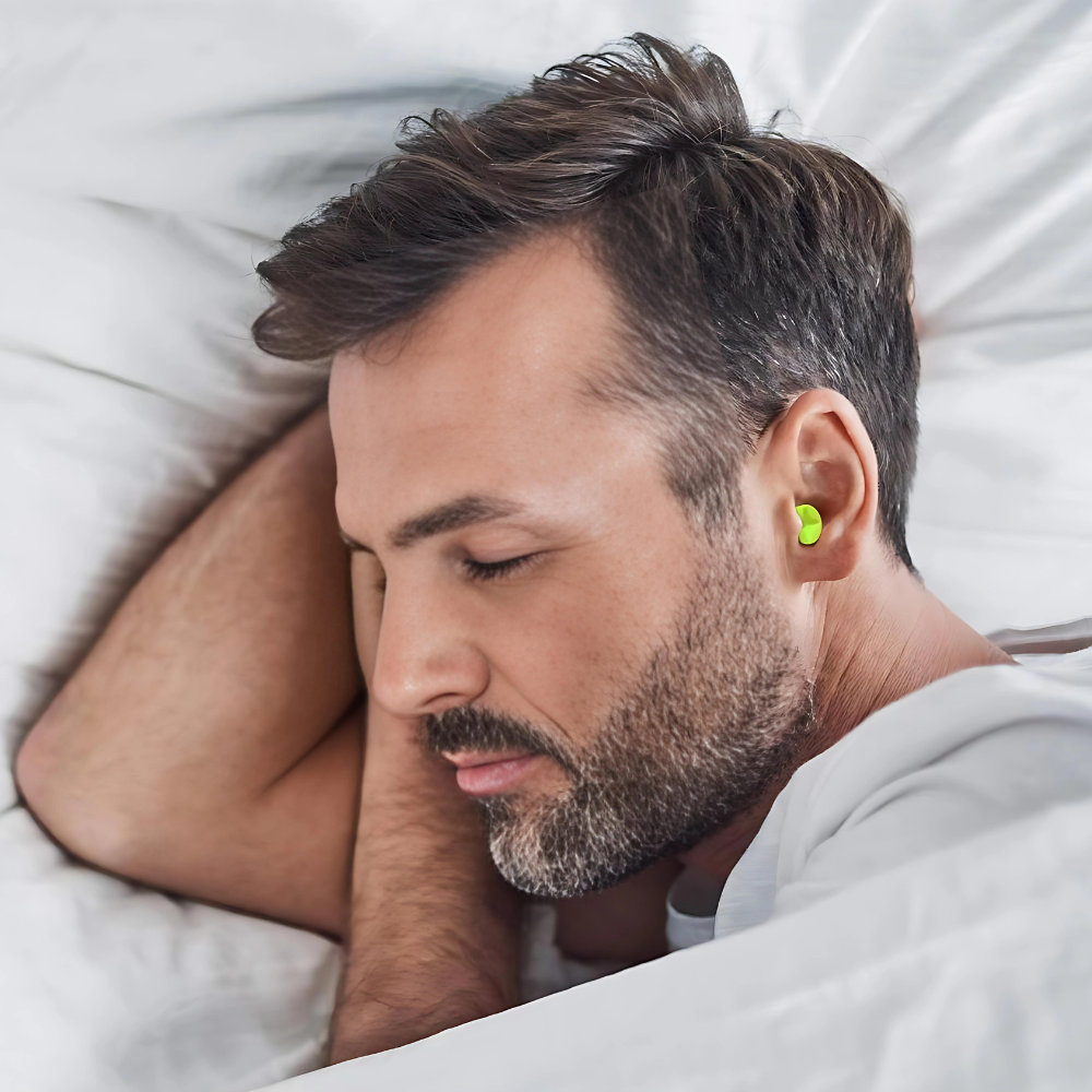 Żółte i niebieskie zatyczki do uszu z silikonu, hipoalergiczne, redukcja hałasu 30 dB, optymalny komfort, etui w zestawie.