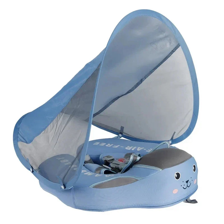 Niebieskie kółko dla niemowląt z parasolem UV i ergonomicznym siedziskiem, bezpieczne dla dziecka, idealne na basen.