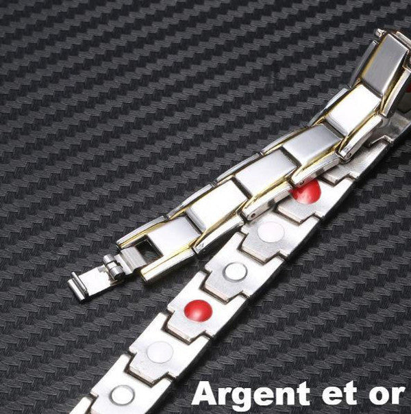 Elegancka bransoletka magnetyczna w kolorze czarnym i srebrnym, z kamieniami ochry, oferująca równowagę energetyczną i korzyści terapeutyczne.