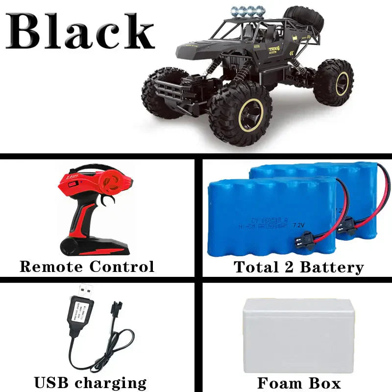 Terenowy buggy RC 4WD ze światłami LED, idealny dla dzieci; kolor czarny, duże koła terenowe, 37cm.